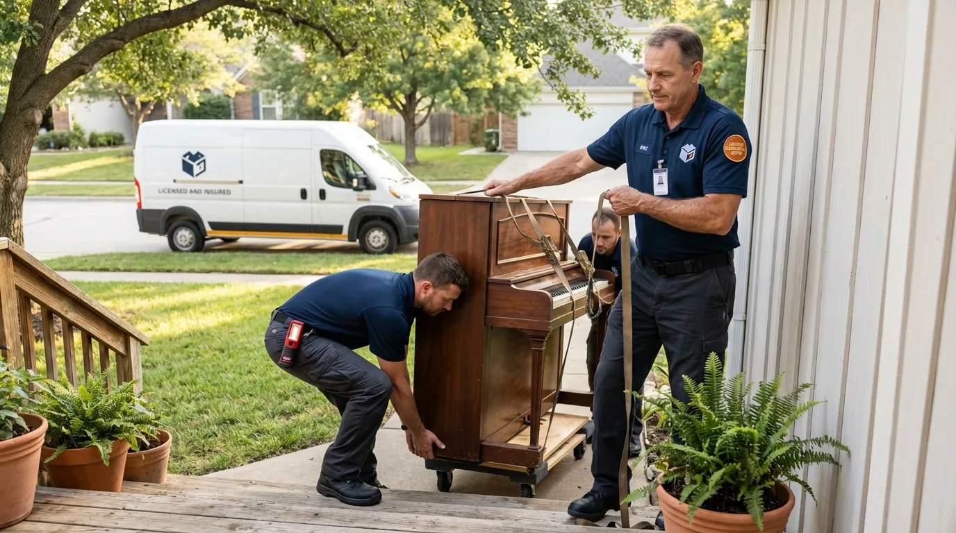 Licensed piano movers securing grand piano in Ronkonkoma, NY