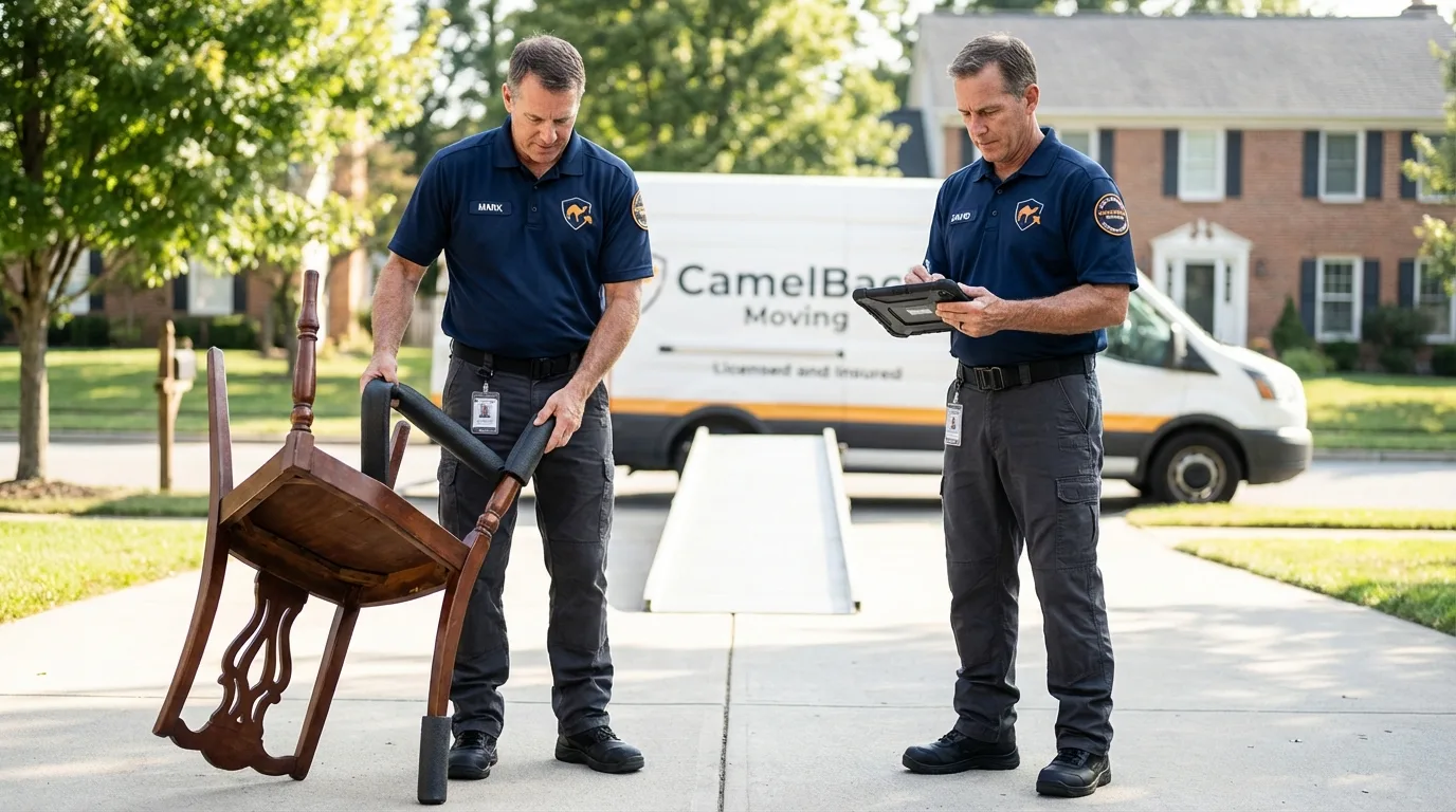 Movers inspecting furniture for damage prevention before loading in Ronkonkoma, NY