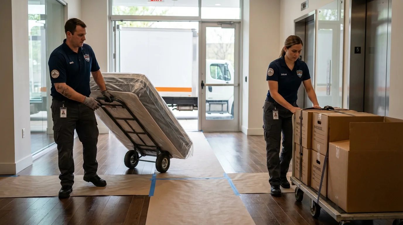 Professional apartment movers loading elevator in Ronkonkoma, NY