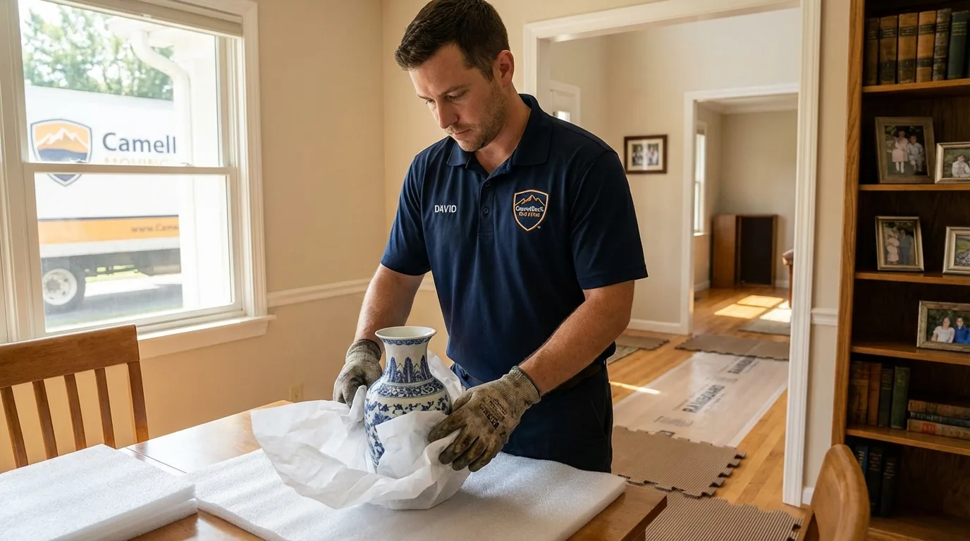 Professional crew carefully wrapping antique vase for senior downsizing move in Ronkonkoma, NY